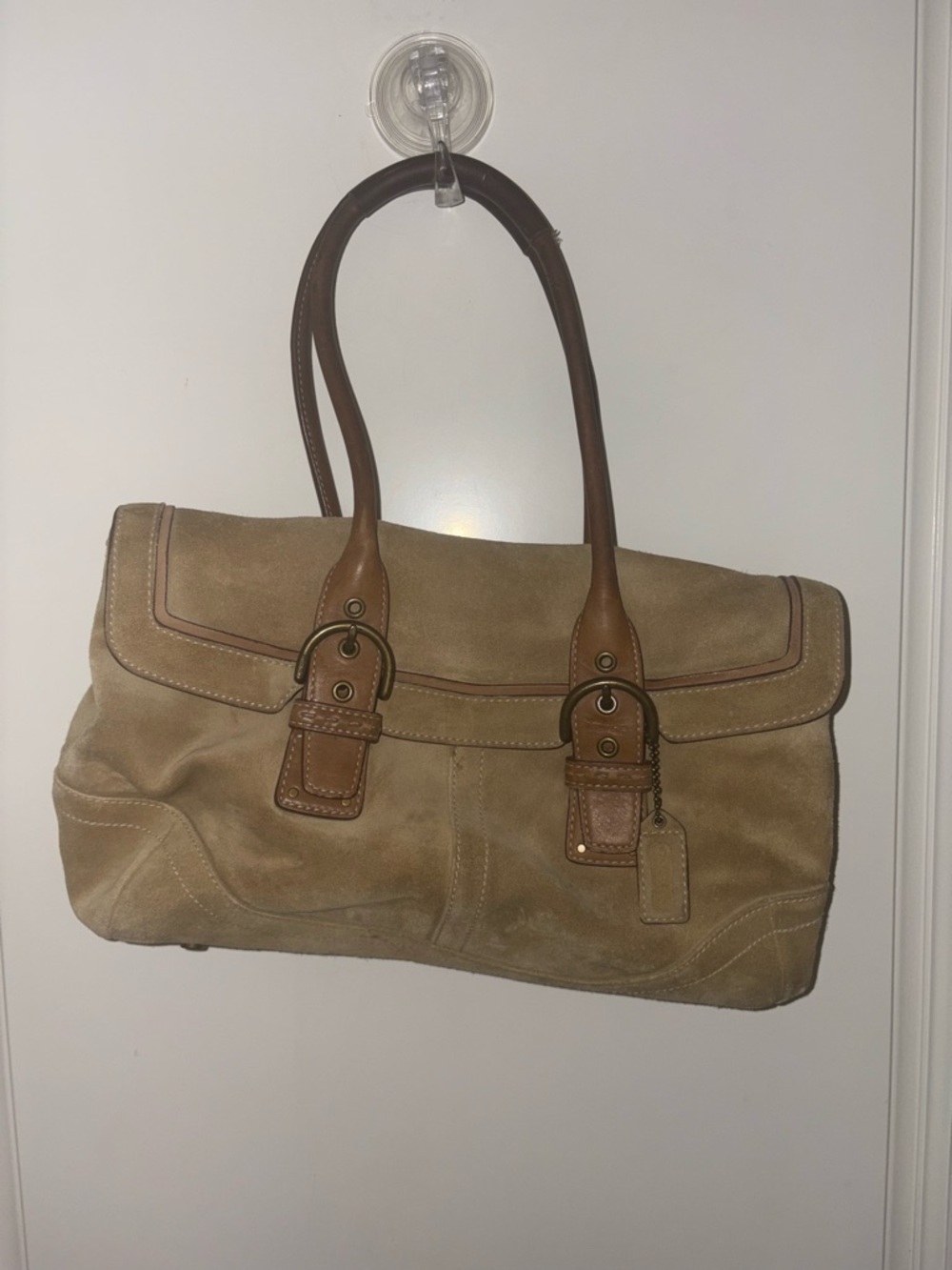 Coach Suede Shoulder Bag in Tan and Brown with Leather Trim